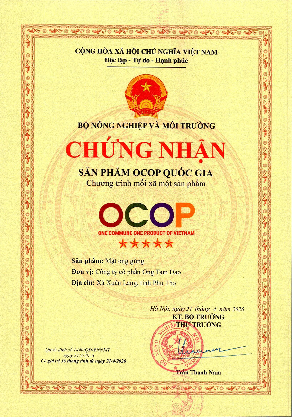 Chứng nhận Ocop