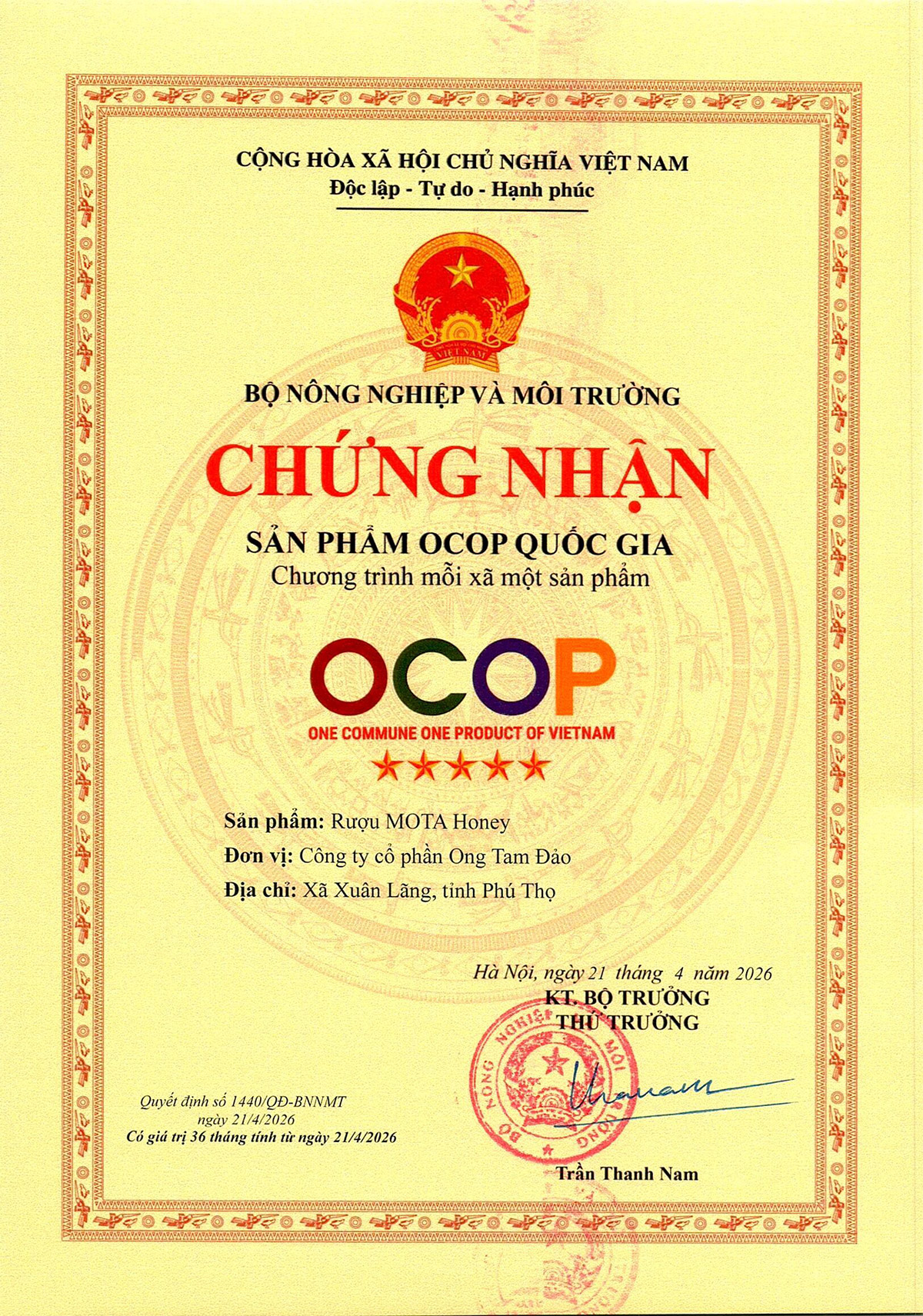 Chứng nhận Ocop